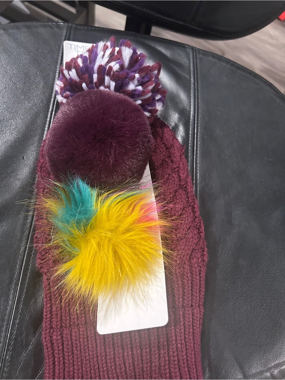 Maroon Knit Pom Beanie with Colorful Faux Fur Accent you pick Pom wear 3 ways